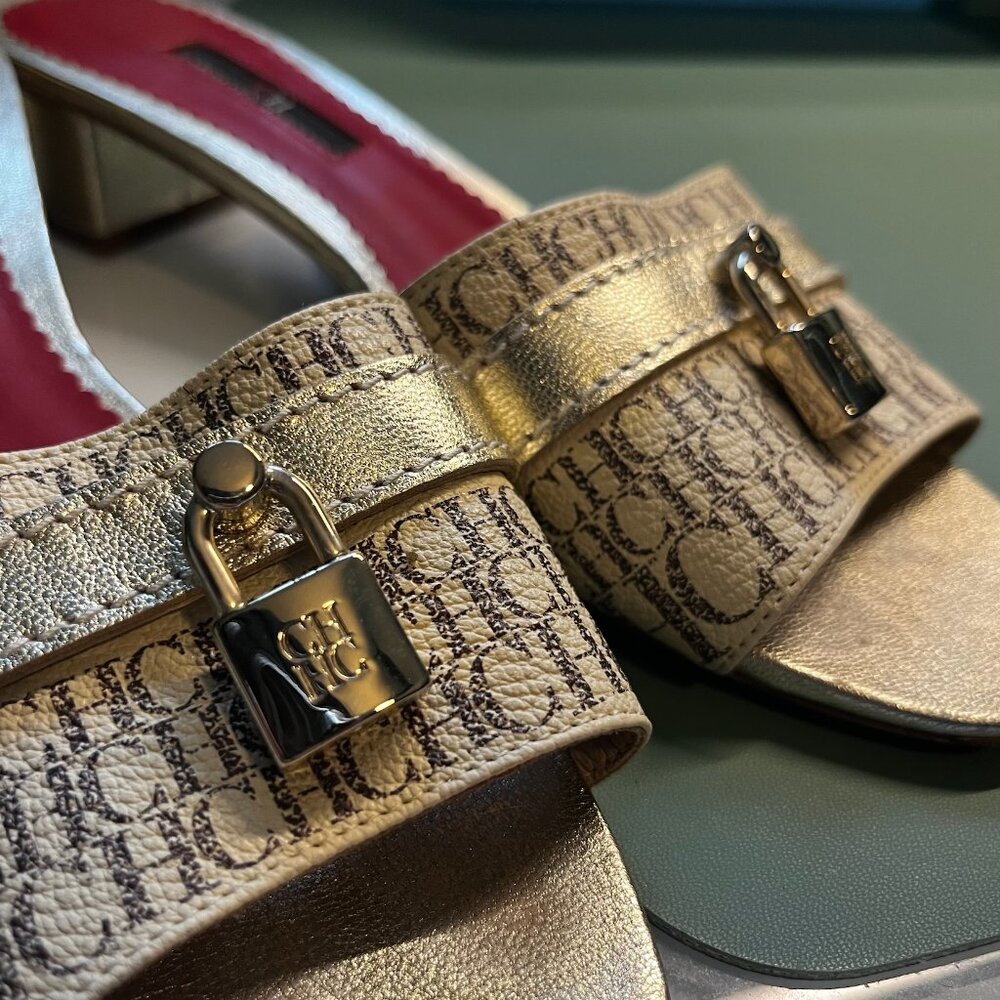 AUTHENTIC CAROLINA HERRERA Matryoshka Locked 45 Canvas Slides in Beige – Size 36